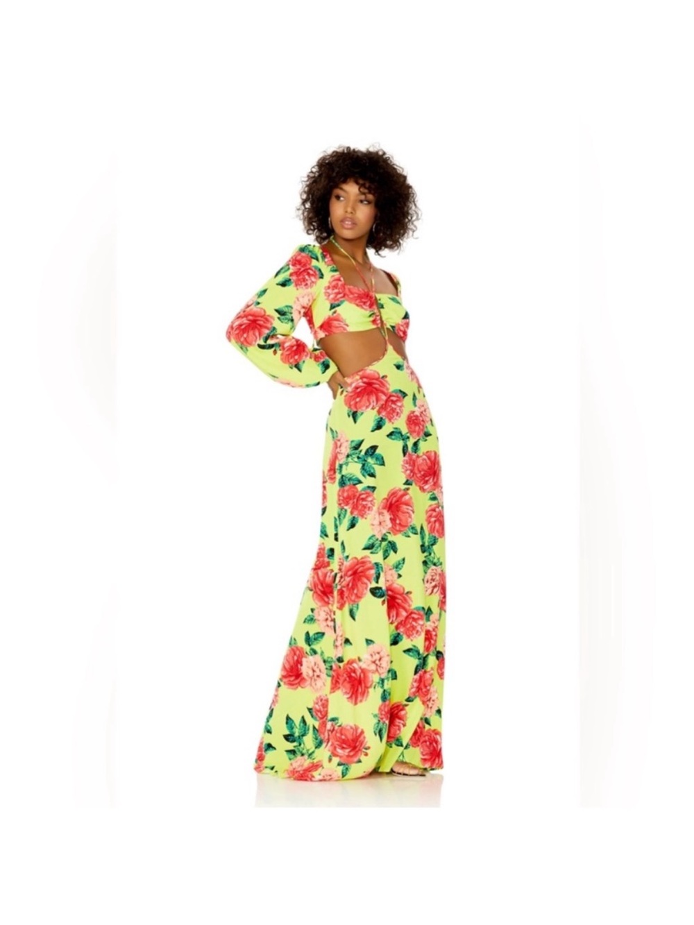 AFRM Bekah Lime Floral Cutout Maxi Dress - Picture 2 of 3